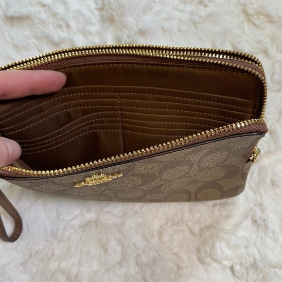 COACH Double Zip Wallet Wristlet in Signature Coated Canvas in Classic Khaki - Picture 8 of 13